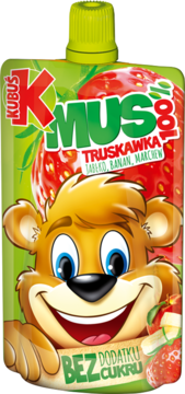 Kubuś Mus Truskawka 100% w zielono-czerwonej saszetce z misiem, bez dodatku cukru, widok z przodu.