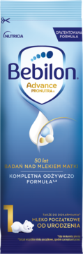Niebieska saszetka Bebilon Advance Pronutra+ mleko początkowe od urodzenia, z mleczną kroplą i cyfrą 1.