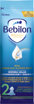 Bebilon Advance Pronutra 2, mleko następne po 6. miesiącu, w niebieskiej torebce z białym logo i misiem.