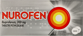 Nurofen 200 mg, srebrne opakowanie leku przeciwbólowego z logo-tarczą, widok z przodu, 10 tabletek.
