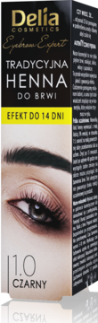 Delia Cosmetics Tradycyjna Henna do Brwi 1.0 Czarny, widok z przodu opakowania z modelem oka.