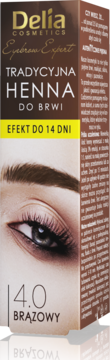 Delia Cosmetics Tradycyjna Henna do Brwi 4.0 Brązowy, opakowanie z okiem, efekt do 14 dni, widok z przodu.