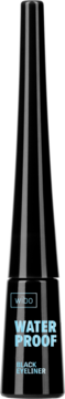 WIBO wodoodporny czarny eyeliner w błyszczącej buteleczce, z jasnoniebieskim napisem, widok z przodu.