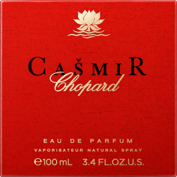 Czerwone opakowanie Chopard Casmir, orientalno-waniliowa woda perfumowana, ze złotym logo i napisami, widok z przodu.