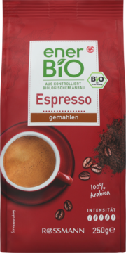 Czerwona torebka Ener Bio Espresso mielona kawa BIO 100% Arabica, intensywność 5/5, 250g. Z filiżanką kawy.