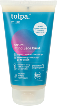 Tołpa mum serum liftingujące biust w kremowo-niebieskiej tubie. Ujędrnia skórę dla kobiet w ciąży i po porodzie.