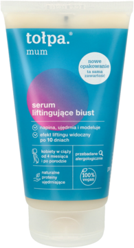 Tołpa mum serum liftingujące biust w kremowo-niebieskiej tubie. Ujędrnia skórę dla kobiet w ciąży i po porodzie.