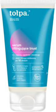 Tołpa Mum serum liftingujące biust, niebieska tubka z białym napisem i różowym kształtem, widok z przodu.