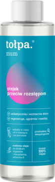 Tołpa Mum olejek przeciw rozstępom, przezroczysta butelka z niebieską etykietą i różowym akcentem, widok z przodu.