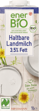 Karton mleka enerBiO Haltbare Landmilch 3,5% Fett, biały z niebieskim napisem, żółte dmuchawce, widok z przodu.