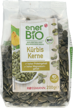 EnerBiO pestki dyni 200g w przezroczystej torbie, zielona etykieta z nasionami dyni i logo BIO, widok z przodu.