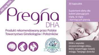 Pregna DHA suplement dla ciężarnych, biało-fioletowe pudełko z dzieckiem i 30 kapsułkami, widok z przodu.