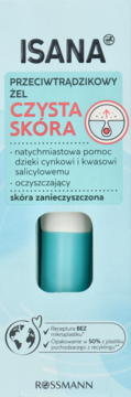 ISANA Czysta Skóra żel przeciwtrądzikowy w turkusowo-białej butelce, widok z przodu, na niebieskim tle.