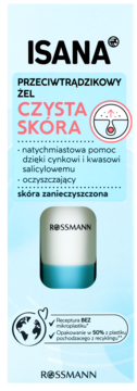 Błękitno-białe opakowanie Isana, żel przeciwtrądzikowy Czysta Skóra z cynkiem i kwasem salicylowym, widok z przodu.