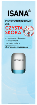 Isana Czysta Skóra, żel przeciwtrądzikowy z cynkiem i kwasem salicylowym. Błękitne opakowanie, zbliżenie na front.