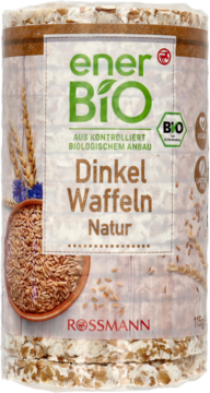 EnerBio wafle orkiszowe 115g w przezroczystej folii z zielono-brązową etykietą, widoczne ziarna, widok z przodu.