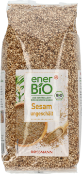 enerBio sezam niełuskany w przezroczystej torbie, widok z przodu, z zieloną etykietą i BIO logo.