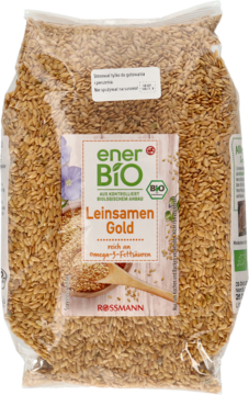 Torebka bio złotego siemienia lnianego enerBIO Rossmann, z etykietą Leinsamen Gold, bogatego w Omega-3.