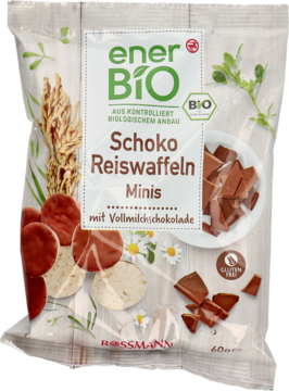 Frontalny widok przezroczystej torebki enerBio mini wafli ryżowych z mleczną czekoladą. Widać jasne i brązowe krążki.