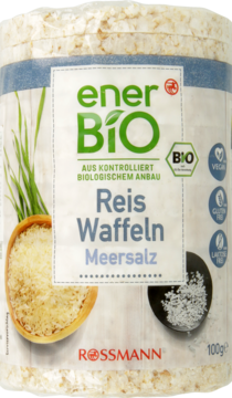EnerBio Wafle ryżowe z solą morską, opakowanie transparentne z etykietą BIO, widoczne ikony wegan/bezglut.