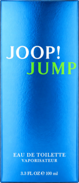 Błyszczące, niebieskie pudełko Joop! Jump woda toaletowa. Biały napis 'JOOP!', zielony 'JUMP', widok z przodu.