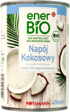 Puszka EnerBIO Napój Kokosowy 400ml, z przodu, z zielono-niebieską etykietą i grafiką orzecha kokosowego.