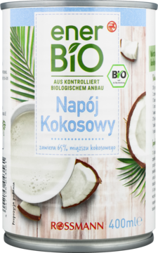 Srebrna puszka enerBIO Napój Kokosowy 400ml. Logo BIO, orzechy kokosowe i mleczko na etykiecie z drewna.