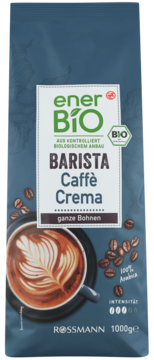enerBiO Barista Caffè Crema, kawa ziarnista 100% Arabica 1000g, ciemnoniebieska torba z filiżanką kawy, widok z przodu.