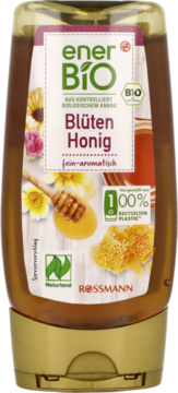 EnerBiO Blüten Honig w brązowej butelce squeeze, z etykietą ukazującą miód, kwiaty i plaster miodu, widok z przodu.