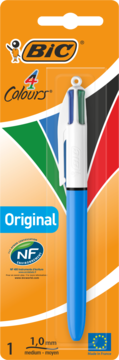 BIC 4 Colours Original blue pen, 1.0mm medium, packaged in orange blister pack, front view.