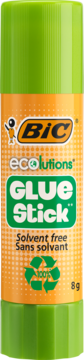 Zielony klej w sztyfcie BIC ecolutions 8g z pomarańczową etykietą, bez rozpuszczalników, 100% recykling, widok z przodu.