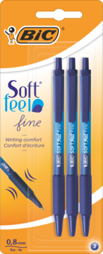 3 niebieskie długopisy BIC Soft Feel Fine 0.8mm z kauczukowym uchwytem dla komfortu, w blistrze.
