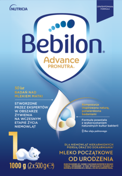 Niebieskie opakowanie mleka Bebilon Advance Pronutra 1 (1000g) dla niemowląt, z grafiką kropli mleka i misia polarnego.