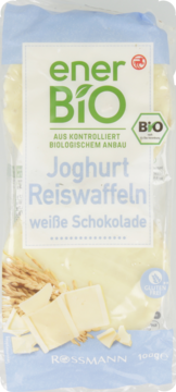Opakowanie enerBiO BIO jogurtowych wafli ryżowych z białą czekoladą, widok z przodu, Rossmann.