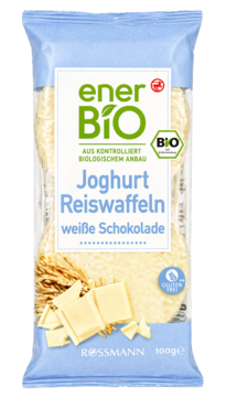 EnerBiO Bio wafle ryżowe z białą czekoladą i jogurtem w jasnoniebieskim opakowaniu, z widocznymi kawałkami czekolady.