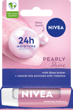 Różowy blister pomadki NIVEA Pearly Shine z masłem Shea, zapewnia 24h nawilżenia i perłowy blask, widok z przodu.