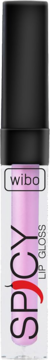 Wibo Spicy Lip Gloss w przezroczystej butelce z fioletowym płynem, czarną nakrętką, z przodu z ikoną chili.