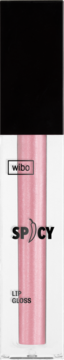 Wibo Spicy błyszczyk do ust w różowej, połyskującej tubce z czarną nakrętką, widok z przodu, z efektem chili.