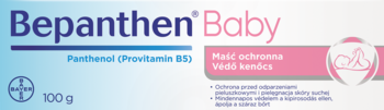 Opakowanie Bepanthen Baby Maść Ochronna z Pantenolem, biało-niebieskie, różowa etykieta, widok z przodu, 100g.