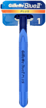 Niebieska jednorazowa maszynka Gillette Blue II Plus Ultragrip w blistrze, z chromowanymi ostrzami, widok z przodu.