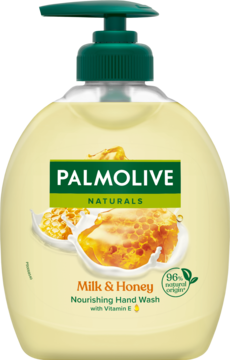Palmolive Naturals Milk & Honey płyn do mycia rąk w kremowej butelce z zieloną pompką, widok z przodu.