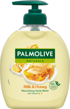 Palmolive Naturals Milk & Honey płyn do mycia rąk w kremowej butelce z zieloną pompką, widok z przodu.