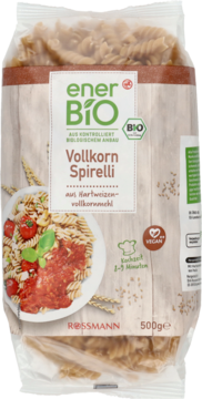 Opakowanie enerBiO Vollkorn Spirelli 500g, brązowy pełnoziarnisty makaron spiralki, zielone BIO logo, widok z przodu.