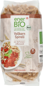 Opakowanie enerBiO Vollkorn Spirelli 500g, brązowy pełnoziarnisty makaron spiralki, zielone BIO logo, widok z przodu.