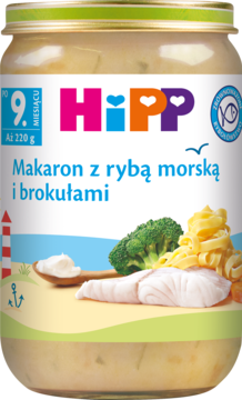Front słoiczka HiPP Makaron z rybą i brokułami, dla dzieci 9m+, z ilustracją makaronu, ryby i brokuła.