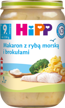 Front słoiczka HiPP Makaron z rybą i brokułami, dla dzieci 9m+, z ilustracją makaronu, ryby i brokuła.