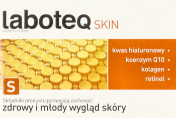 Laboteq Skin suplement diety dla zdrowej skóry, żółte kapsułki, panel z kwasem hialuronowym, retinolem.