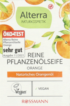 Alterra Pure Plant Oil Soap Orange, white-green box, natural orange oil, ÖKO-TEST 'very good' front view.