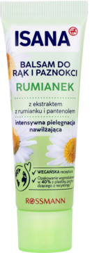 Zielona tuba Isana Rumianek, balsam do rąk i paznokci z pantenolem, wegański, z recyklingu, widok przodem.
