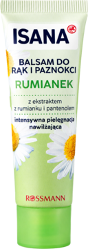 Balsam do rąk i paznokci Isana Rumianek w zielonej tubce z białymi kwiatami rumianku, nawilżający, widok na wprost.